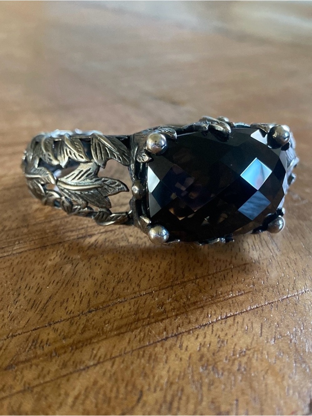 Hilary Joy Sterling Silver Smoky Quartz Leaf Cuff Bracelet Statement Hinged
